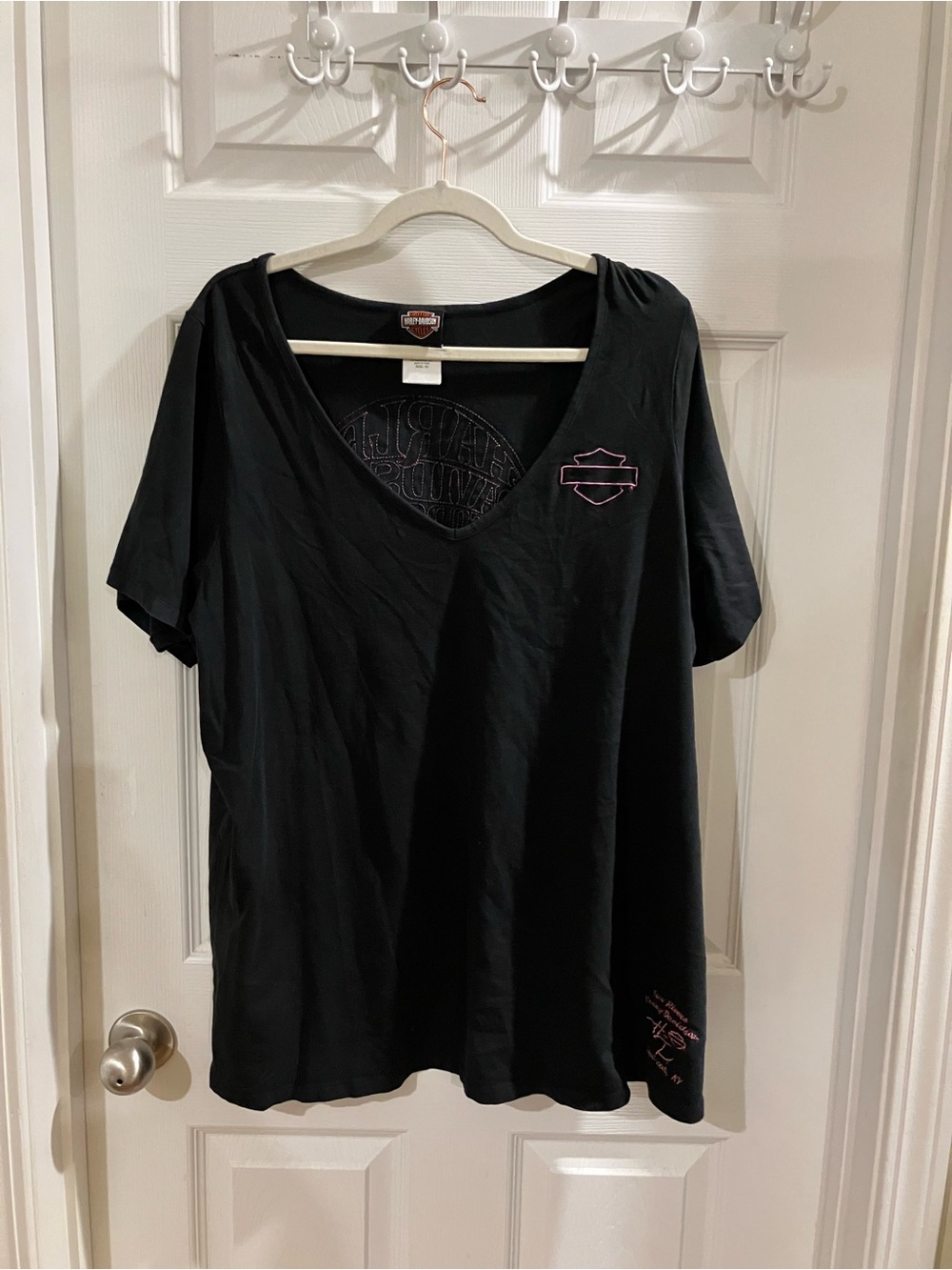 Harley-Davidson Black V-Neck Short Sleeve Tee with Pink Logo Trim